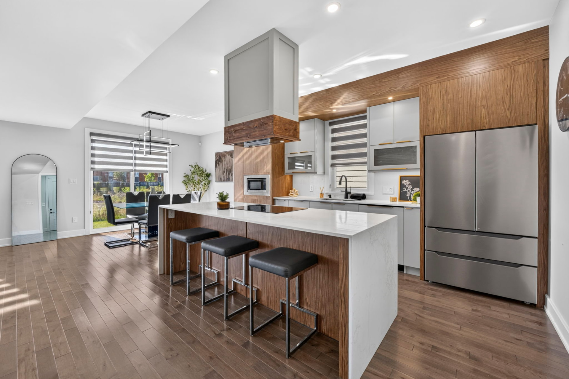 Kitchen with quartz waterfall island
