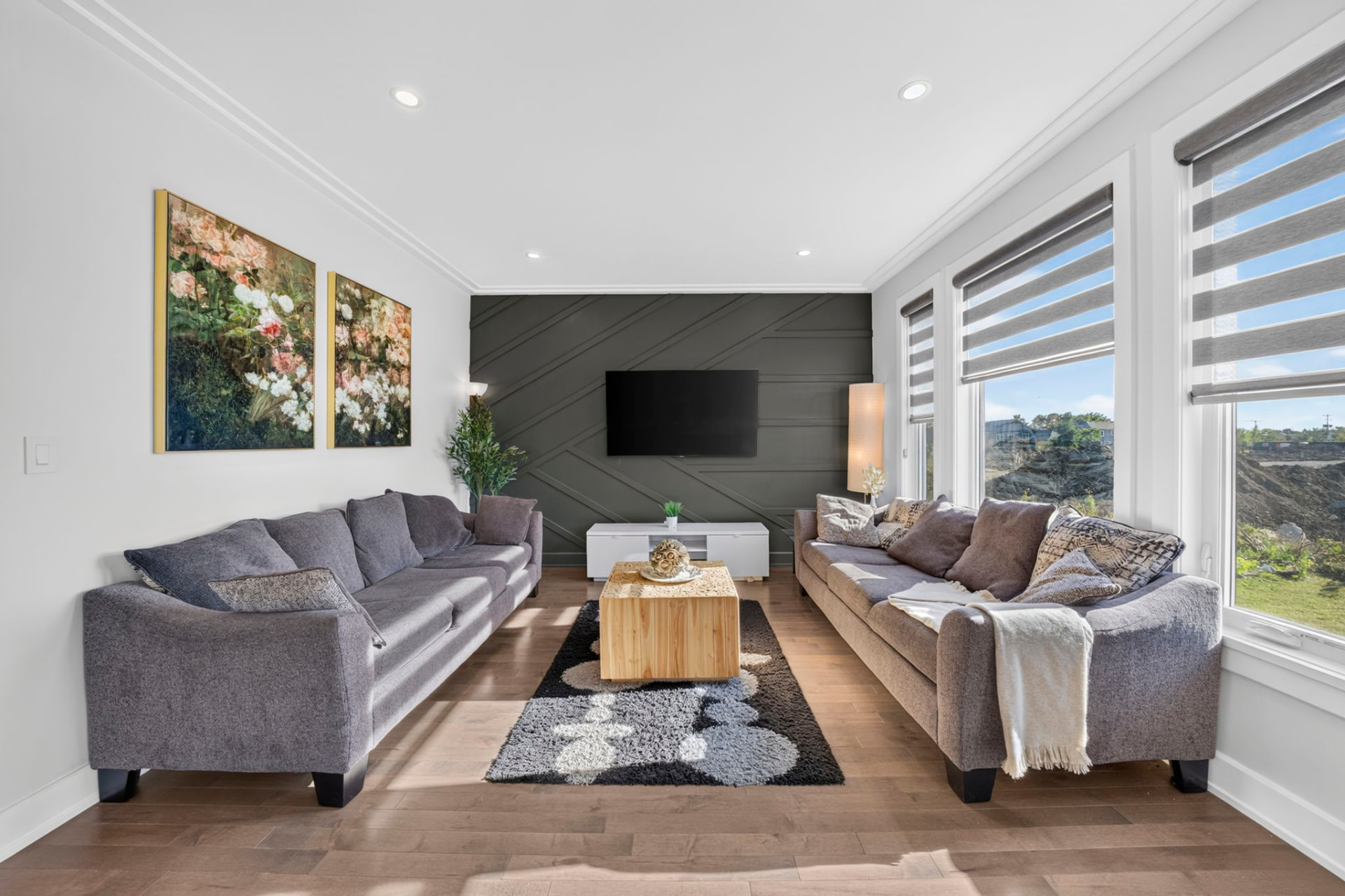 Living room with grey feature wall